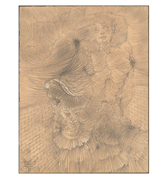 A work on light brown paper showing two female figures. They consist of long flowing lines, and appear as if one is standing over the other. The background shows bricks on both sides, as if they are standing in a corner.
