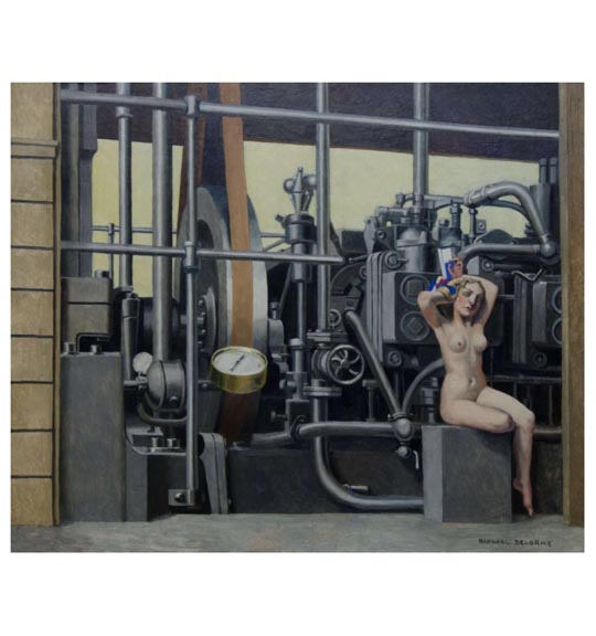 A painting of a nude woman sitting on a grey block on the right side. One of her legs is hanging down and she holds her hands behind her head. The background shows what appears to be various machinery and machine parts.