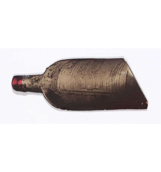 An image of what appears to be a bottle, such as for wine, lying on its side with only the half with the neck and cap appearing. The bottle appears as if sliced in half with a slanted cut, and has a red cap.