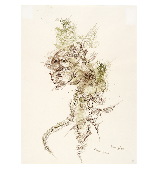 A work with black and olive green ink showing a reptile or scaled creature with a human face.