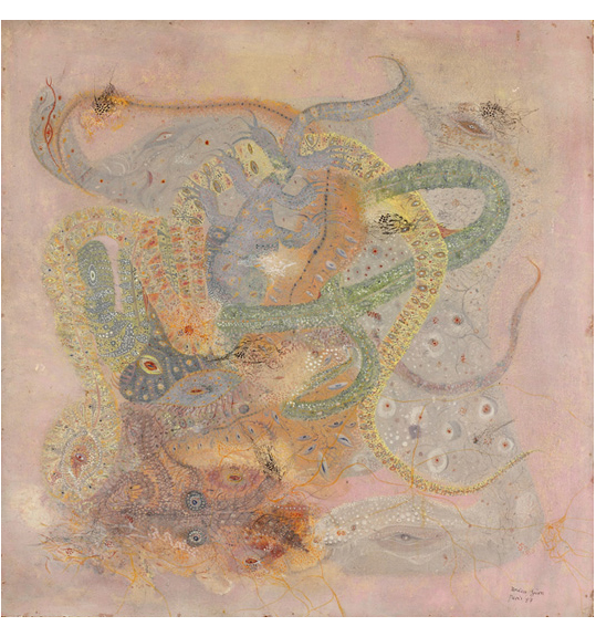 A work with a pink background showing multiple patterned serpent or tentacle like shapes in colors of yellow, green, and orange. A light green one eyed creature appears in the lower right corner.