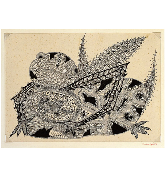 A work with delicate and flowing lines to create a reptile or frog like figure. It appears to have eyes, two arms, and one leg extended toward the bottom right corner. Another reptile figure as if inside the larger one. The background is lightly spotted and yellowish beige.