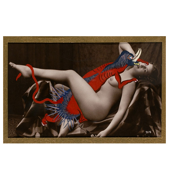 A brown toned photograph of a nude woman sitting in a chair with her head thrown back and one leg in the air. A painted creature with red skin and blue fur is positioned as if kissing the woman.