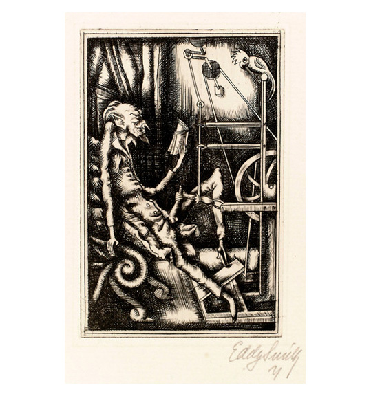 This is a work of art. Please note that as it is impossible to know the intent of the artist, the work is subject to interpretation. An image showing the profile of a figure with pointed ears and goatee, sitting or lean in a chair. The figure is reading a book, and a pulley like machine stands on the right with a parrot perched on top.