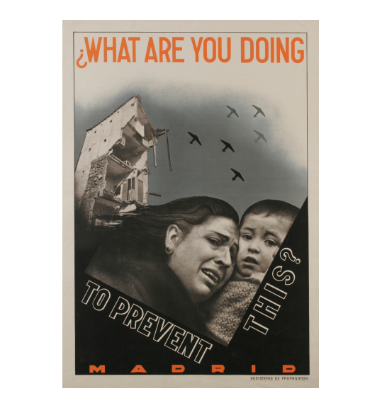 This is a work of art. Please note that as it is impossible to know the intent of the artist, the work is subject to interpretation. Each visitor may view and choose to understand the work differently. All effort has been made to provide a purely visual description. A poster showing the image of a woman and a child, with both people appearing distressed as airplane fly in formation overhead. The image of a building in ruins. The word Madrid appears in orange text on the bottom edge of the work.
