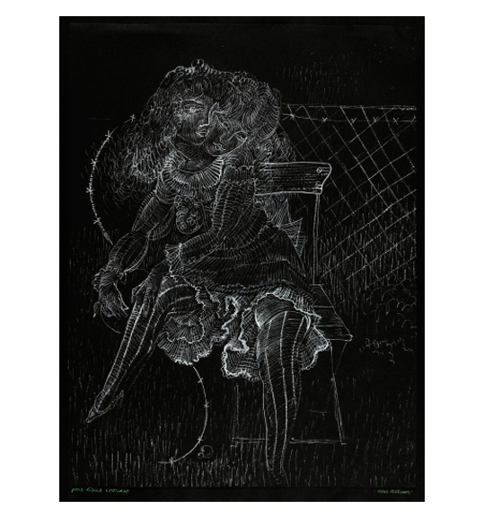 A drawing of thin, delicate white lines on a black background. The image appears to be a girl with two heads, wearing a dress and sitting in a chair. Her left arm crosses over and she rests her hand on her right knee.