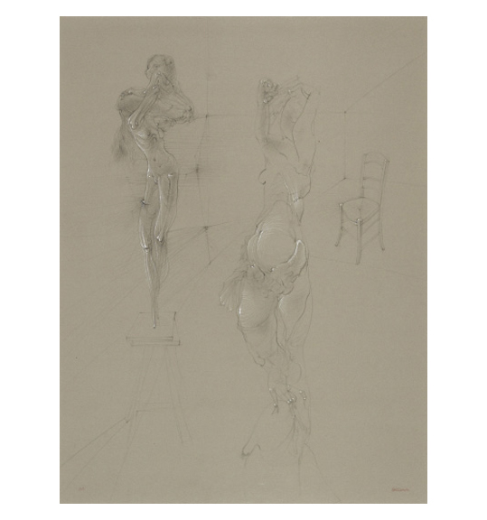 A drawing on beige paper. A thin, perhaps skeletal figure, stands on a stool. Another figure stands with its arms above its head, and a chair is pictured in the background on the right of the work.