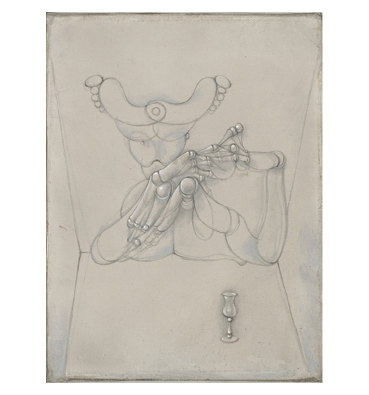 A drawing on beige paper of a human-like figure with hands and fingers touching each other. The background appears to be a room with four corners shown. A goblet stands in front of the figure on the right bottom of the work.