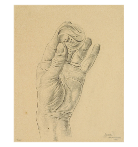 This is a work of art. Please note that as it is impossible to know the intent of the artist, the work is subject to interpretation. Each visitor may view and choose to understand the work differently. All effort has been made to provide a purely visual description. A drawing of a person's left hand. The hand has a ring on the fourth finger and holds a swirled sphere, perhaps a marble, between the thumb and forefinger.