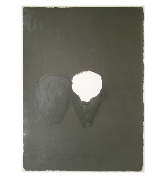 Olive green colored painting with a roughly circular hole in the middle of the paper. A slightly darker oval shape is painted to the left of the hole.