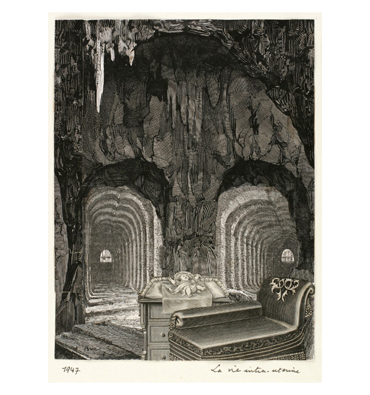 A baby lays on a pillow atop a chest of drawers, next to which sits a chaise lounge. The objects appear to sit in a cave, which leads to two hallways or passageways.