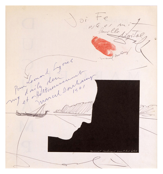An image showing a black shape on the lower right of the work. The negative shapes cuts into the black shape to showing a face in profile. The background appears to be a drawing, perhaps of a boat and coastline. A roughly oval shape in red appears toward the top edge, and there is handwritten script throughout.
