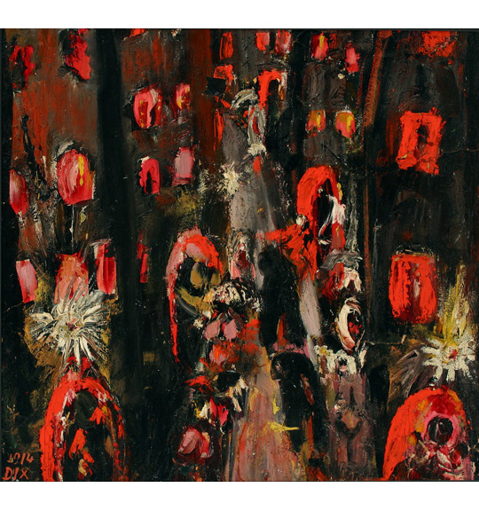 A painting on a black background featuring bursts of yellow, white, and red color.