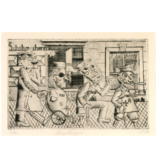 An etching showing four distorted and stylized figures on a city sidewalk. They appear to be in front of a building, perhaps a shoe store. Each figure wears a military uniform, and the first two have prosthetic legs and crutches. The third figure is in a wheel and appears to have no limbs. His wheelchair is pushed by the last figure, who is a man in a moustache wearing a military cap and long coat.