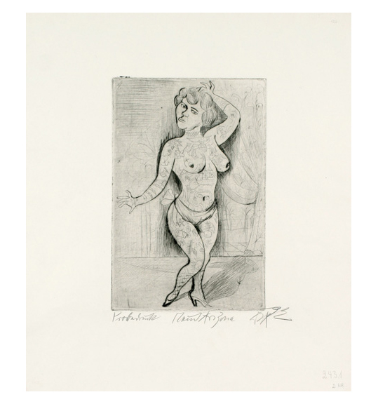 This is a work of art. Please note that as it is impossible to know the intent of the artist, the work is subject to interpretation. Each visitor may view and choose to understand the work differently. All effort has been made to provide a purely visual description. A drawing of a topless woman with her left handing touching her head. She wears underwear with a bow, and high heeled shoes.