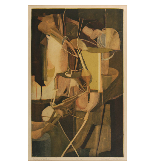 A work in mostly brown tones, featuring cube-like shapes on a dark background.