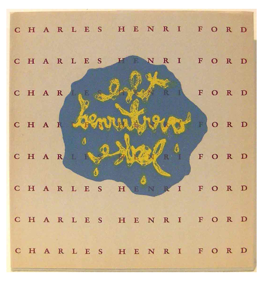 A book cover showing the artist name written over and over, with a puddle like blue shape in the center.