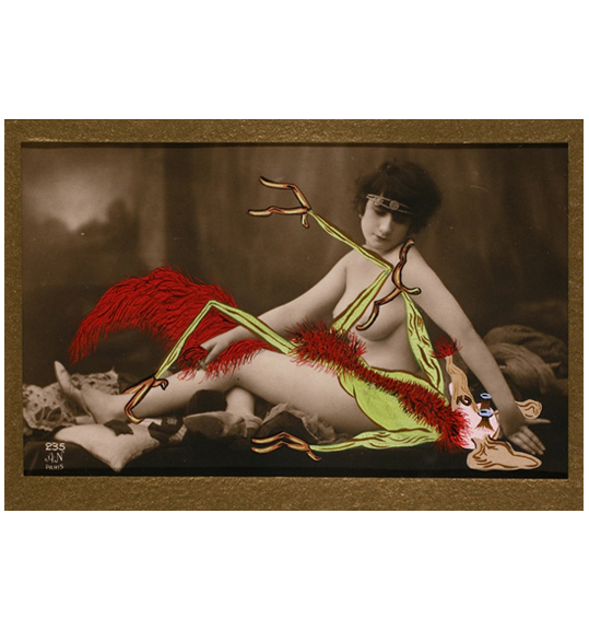 A brown toned photograph of a nude women sitting upright with her legs outstretched. A painted creature with green skin and red fur is positioned as if laying on the woman's lap.