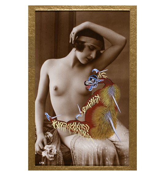 A sepia toned photograph of a nude woman seated with fabric draped around her waist. She wears a head band and holds her left arm bent at the elbow and draped over the top of her head. A red, yellow, and blue creature is painted as if sitting on the woman’s lap.