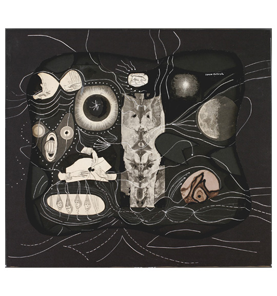A collage consisting of textured pieces and various cut outs. The cut outs are of faces, planets, several hands, and the moon. The black board is cut out to create a depression, where the cut out images are placed. Thin white lines and dotted lines circle and swirl around the cut outs.