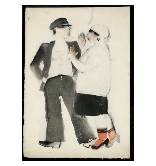 A work showing two painted figures, one male and one female. The man stands to the left, wearing a black cap, pants, and blazer with a white shirt underneath. The woman wears a white cap and top, a black skirt and shoes, and orange socks. They face each other and both smoke cigarettes.