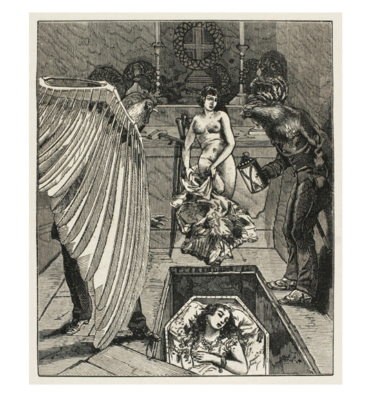 An etched image that shows a woman in a coffin in a rectangular hole in the ground. A winged creature with the head of a falcon stands on the left, and another bird-like creature with human stands hands on the right, holding a lantern. A topless woman stands in the center of the background, holding what appears to be fabric.