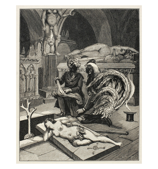 This is a work of art. Please note that as it is impossible to know the intent of the artist, the work is subject to interpretation. Each visitor may view and choose to understand the work differently. All effort has been made to provide a purely visual description. A black and white image of a nude female figure lying on a slab in a church like room. Two figure in dark suits stand over her, both of which have the faces and heads of roosters. Another nude female figure is seen in the background, lying on a raised pedestal.