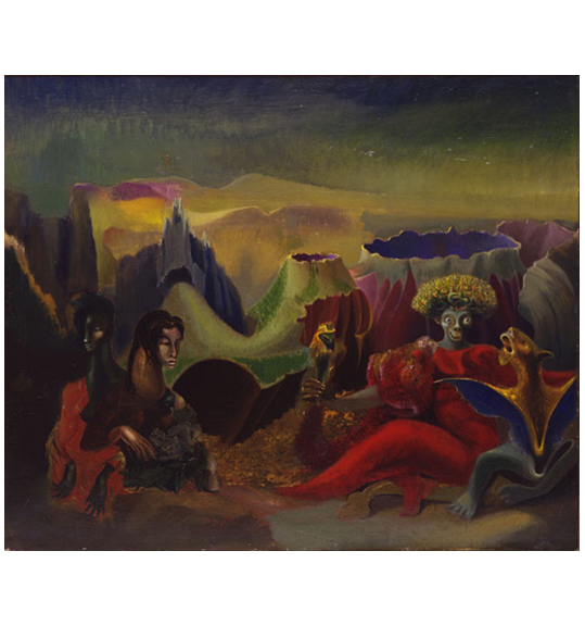 A work featuring jewel tone colors, showing mountains or calderas in the background under a dark blue and yellow sky. Several human or animal like creatures sit in the foreground, wearing red and blue robes.