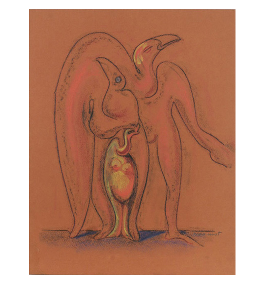 This is a work of art. Please note that as it is impossible to know the intent of the artist, the work is subject to interpretation. Each visitor may view and choose to understand the work differently. All effort has been made to provide a purely visual description. A drawing on dark orange paper. It shows three bird-like creatures with long limbs and necks. The creatures stand together as if in an embrace, with the smallest one in the center.