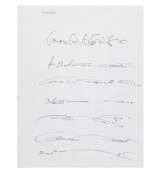 A work on a white background featuring rows of markings which appear like script or handwriting.