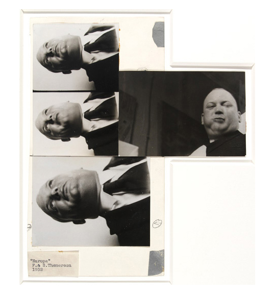 A series of three photographs placed vertically, so the subjects head points to the left. A man in a dark suit and tie and wearing a white collared shirt is shown looking upwards. The photos are arranged from largest at the bottom to smallest at the top. A fourth photo or the man, looking at the viewer, appears horizontally.