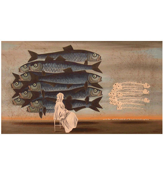 A painting showing a figure in a white robe or flowing garment sitting in profile on a chair in the foreground. The background shows several fish clustered horizontally facing right and left, while smaller fish skeletons are lined by horizontally on the right side of the background.