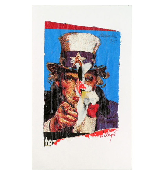 A image consisting of what appears to be torn paper, showing a figure pointing at the viewer and wearing a white top hat with a blue band and white stars, perhaps an Uncle Sam character. The center star on the hat has a hammer and sickle, and the middle of the image is torn to show yellow, red, and black layers underneath.