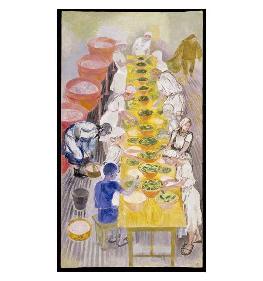 A painting showing a yellowing table with people dressed in white standing at both sides. The short edge of the table faces the viewer, and the people are bent over orange bowls with green contents. A person on the left seems to be bent over a bucket and mops, to the right of a line of red vats.
