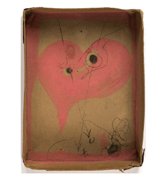 This is a work of art. Please note that as it is impossible to know the intent of the artist, the work is subject to interpretation. Each visitor may view and choose to understand the work differently. All effort has been made to provide a purely visual description. A work showing a pink heart shape on a box or cardboard background. Two circles appear on the heart shape, perhaps like eyes. Two arrow like lines run from the top edge of the work and intersect near the bottom, close to a scribble like shape. The edges of the box are colored pink.