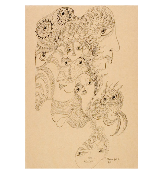 An drawing of consisting of fine and delicate lines, depicting several overlapping faces, eyes, and lips. A scale like pattern also appears throughout the work.