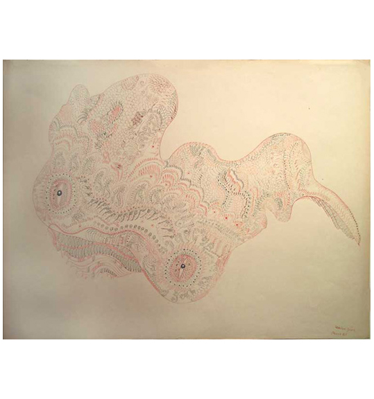 A work consisting of curled and swirling lines of pink, black, and red, creating an amoeba-like shape. Two eye-like objects appear in the bottom and left of the work.