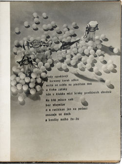 This is a work of art. Please note that as it is impossible to know the intent of the artist, the work is subject to interpretation. Each visitor may view and choose to understand the work differently. All effort has been made to provide a purely visual description. An image showing small balls or spheres scattered around what appear to be fishing lures and glass bottle necks. The bottom half of the work shows a poem in Czech.