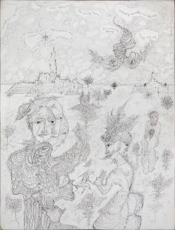 This is a work of art. Please note that as it is impossible to know the intent of the artist, the work is subject to interpretation. Each visitor may view and choose to understand the work differently. All effort has been made to provide a purely visual description. A drawing of thin and intricate lines that show human figures with multiple heads or faces. Two figures appear in the foreground as if in conversation, and an elephant-like figure stands to the right. Tree-like vegetation also appears in the background, along with the outline of two cities or urban areas in the distance.