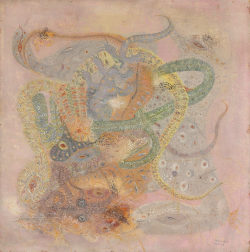This is a work of art. Please note that as it is impossible to know the intent of the artist, the work is subject to interpretation. Each visitor may view and choose to understand the work differently. All effort has been made to provide a purely visual description A work with a pink background showing multiple patterned serpent or tentacle like shapes in colors of yellow, green, and orange. A light green one eyed creature appears in the lower right corner.