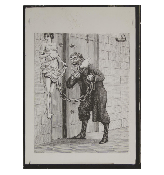 This is a work of art. Please note that as it is impossible to know the intent of the artist, the work is subject to interpretation. Each visitor may view and choose to understand the work differently. All effort has been made to provide a purely visual description. A black and white image showing a figure in high boots and dark clothing standing next to a door, which is ajar. The figure has the head of a lion and holds a small axe in its right hand, and a large chain in its left. The image of a nude woman holding fabric around her waist appears to the left of the lion, positioned above the ground as if floating.