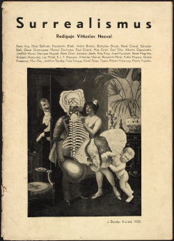 This is a work of art. Please note that as it is impossible to know the intent of the artist, the work is subject to interpretation. Each visitor may view and choose to understand the work differently. All effort has been made to provide a purely visual description. A photograph of a cover of a publication, with the title along the top edge. The authors are listed below, and a collage can be seen below that. In the black and white collage, a woman in a ballerina tutu stands next to a figure with a visible ribs and other body parts. A child stands next to the woman, gripping her skirt. A man in a monocle and wearing a tuxedo appears on the left side, holding a door ajar and looking at the woman.