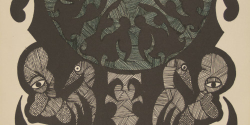 This is a work of art. Please note that as it is impossible to know the intent of the artist, the work is subject to interpretation. Each visitor may view and choose to understand the work differently. All effort has been made to provide a purely visual description. A drawing on beige paper that shows a green circle with a woven or cross hatch design as well as black ornate shapes along its border. The circle has a black border that shows ornate shapes with sharp points, and under it are various cross hatch designs with eyes.